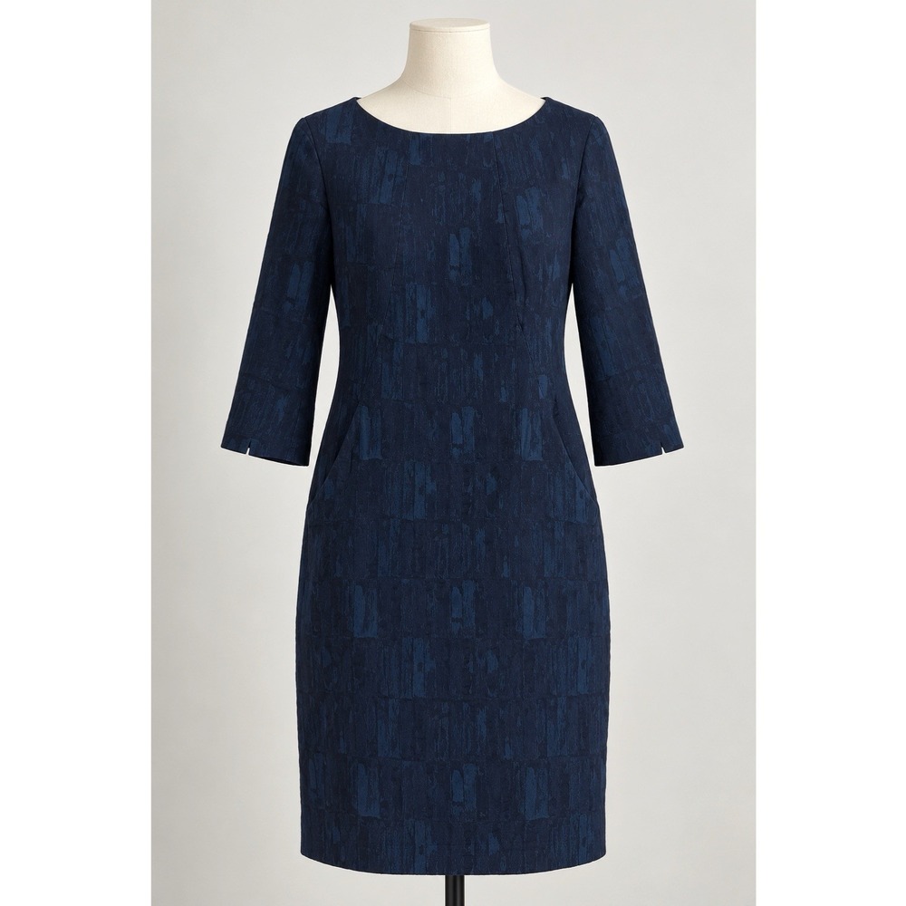 MM Lafleur Etsuko Dress 12 Brush Jacquard Blue Black Stretch Sheath Pockets
